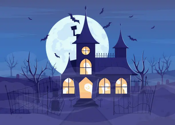 Vector illustration of Mansion with ghosts flat color vector illustration