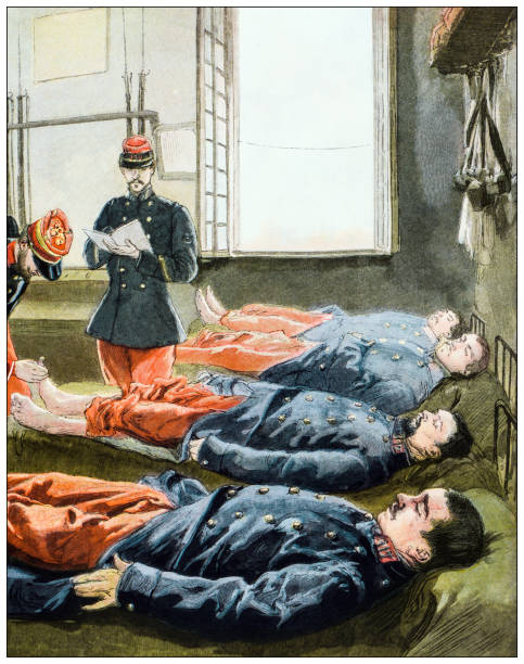 illustrations, cliparts, dessins animés et icônes de image antique: caserne de l’académie des soldats, examen médical des pieds - employee barracks