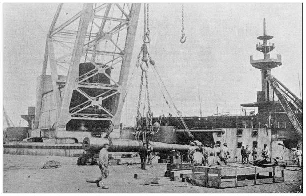 istock Antique image: Installation of gun cannon on battle ship 