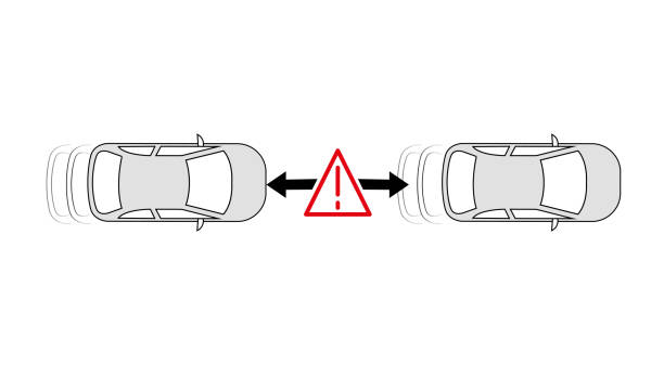 автоматическая тормозная система. автомобиль приближается к транспортному средству впереди предупреждающий знак значок. - sensory perception flash stock illustrations
