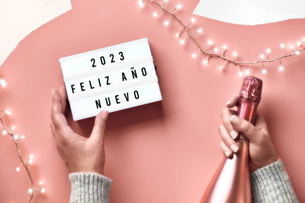 istock Text Happy New Year 2023 in Spanish Language on lightbox. Light garland, woman hands with lightbox and metallic pink champagne bottle. New Year, Sylvester celebration. 1431064800