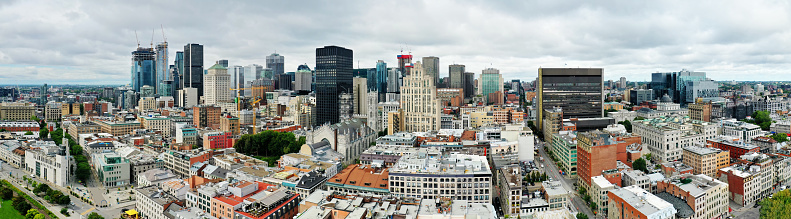 Aerial view of New York City Financial district, manhattan bridge, brooklyn bridge and governors island.