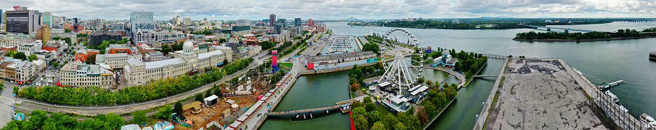 An aerial panorama of the old town in Montreal, Quebec, Canada