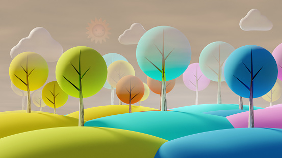 Fog is covering cute cartoon forest on a colorful hill (3D Rendering)