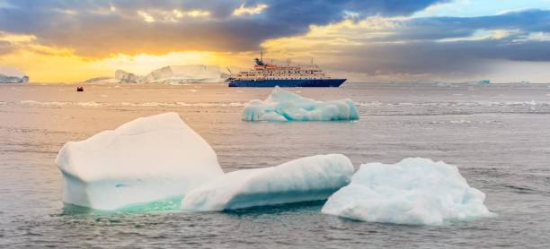 barco de expedición frente al paisaje de icebergs antárticos en cierva cove, una ensenada profunda en el lado oeste de la península antártica, rodeada de montañas escarpadas y espectaculares frentes glaciares. - glacier bay national park fotografías e imágenes de stock