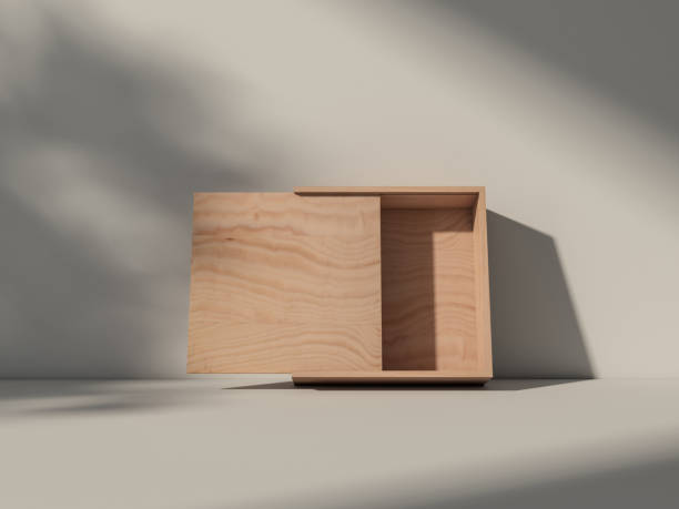 istock Square Wooden box Mockup standing on white table with shadows from trees 1431072752