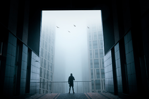 A silhouette of a man, standing in between a huge futuristic gate, in front of modern skyscrapers in foggy perspective. Idea concept of freedom, strategy, capability, and success.