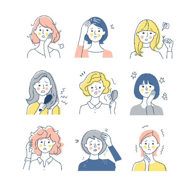 Variation set for women with hair problems Hair, hair care, worries, variations, women, negative, facial expressions, tousled stock illustrations