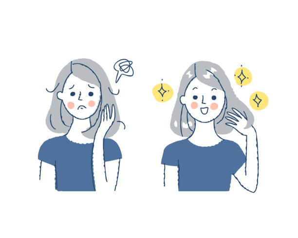 Hair worries, before and after Hair, hair care, trouble, improvement, before after, female, facial expression, happy, troubled tousled stock illustrations