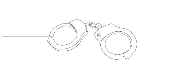 kajdanki w jednym ciągłym rysunku linii. symbol policyjnej sprawiedliwości i koncepcji skazanego więzienia w prostym liniowym stylu. baner prawdziwej zbrodni z edytowalnym pociągnięciem. ilustracja wektorowa doodle - handcuffs stock illustrations
