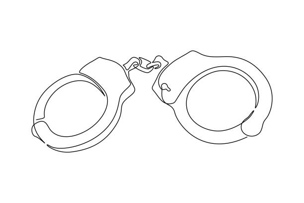 illustrations, cliparts, dessins animés et icônes de un dessin au trait continu de menottes fermées. symbole de la justice policière et du concept de condamné en prison dans un style linéaire simple. icône true crime avec trait modifiable. illustration vectorielle doodle - violence police catching stealing