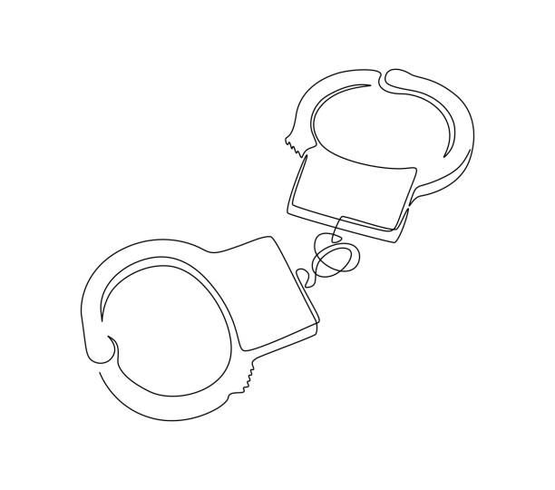 illustrations, cliparts, dessins animés et icônes de menottes dans un dessin au trait continu. symbole de la justice policière et du concept de prison en prison dans un style linéaire simple. icône mince true crime avec trait modifiable. illustration vectorielle doodle - violence police catching stealing