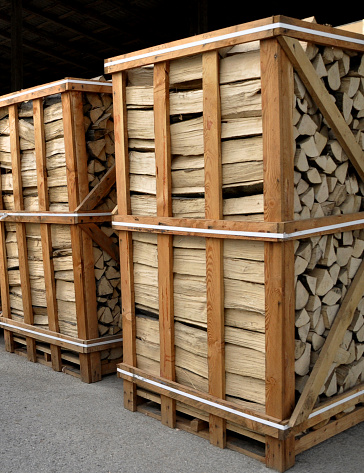 Pallet solid wood with chipped rocks, ready for shipment to the consumer