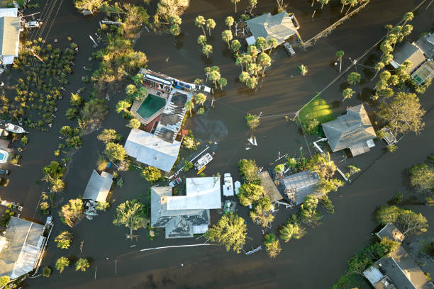 Hurricane Ian flooded houses in Florida residential area. Natural disaster and its consequences Hurricane Ian flooded houses in Florida residential area. Natural disaster and its consequences. hurricane ian stock pictures, royalty-free photos & images