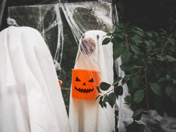 istock Charming, lovable brown puppy and ghost costume 1431079360