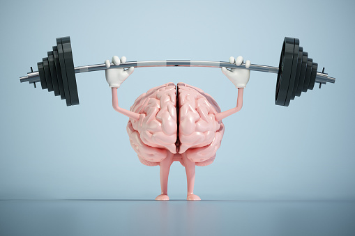Brain lifting weights. Cognitive development concept