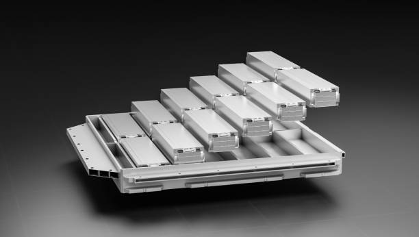 Electric vehicle lithium ion rechargeable battery module inside metal enclosure packed for car, solid li-ion cell pack manufacturing for ev automotive energy storage industry 3D rendering