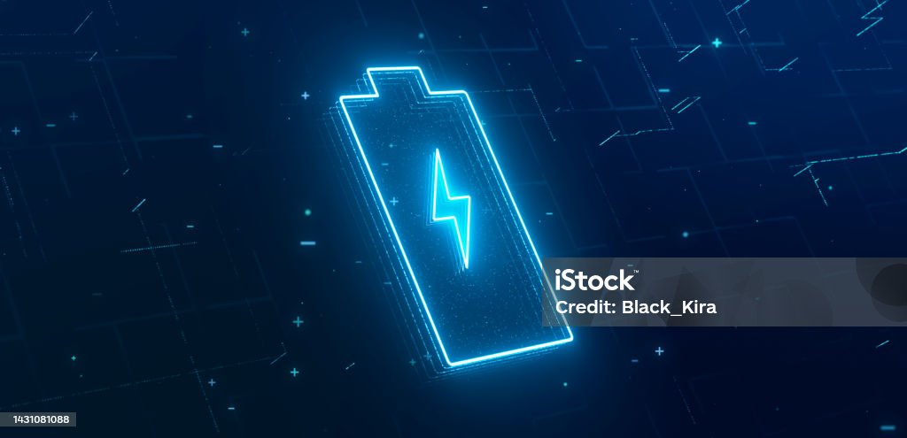 Digital lithium-ion rechargeable battery symbol, high voltage charging energy storage with glowing blue neon lightning particle icon, 3d rendering futuristic alternative energy technology concept Battery Stock Photo
