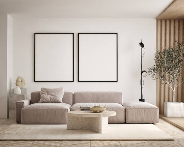 istock mock up poster frame in modern interior background, living room, Scandinavian style, 3D render, 3D illustration 1431082235