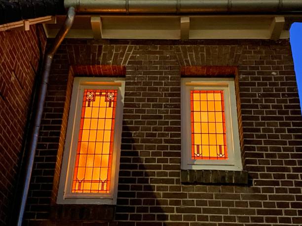 Stained glass outside in at dusk
