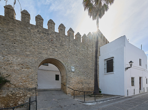 VEJER DE LA FRONTERA, SPAIN 05.10.2022: Part of the castle wall battlements, Vejer de la Frontera, Costa de la Luz, Cadiz Province, Andalusia, Spain, Western Europe