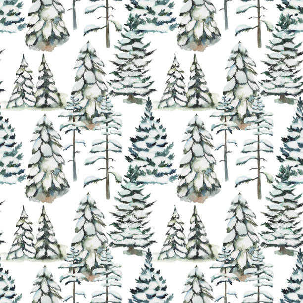 istock Seamless pattern with watercolor snowy pine trees and spruce, hand drawn on white background 1431088982
