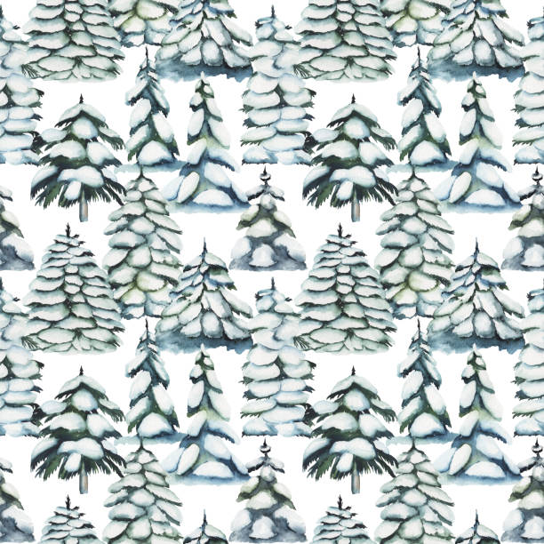 istock Seamless pattern with watercolor snowy fir trees, hand drawn on white background 1431089007