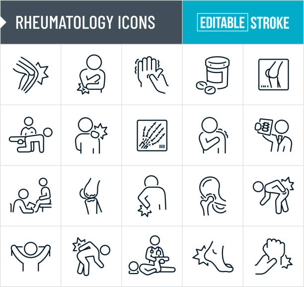 ilustraciones, imágenes clip art, dibujos animados e iconos de stock de iconos de línea delgada de reumatología - trazo editable - physical therapy human spine symbol medical exam