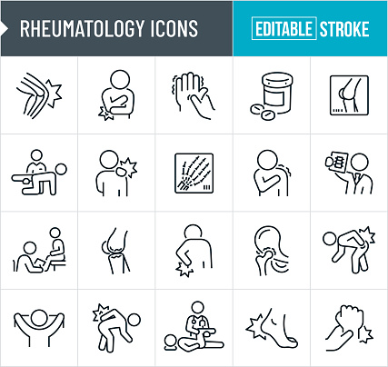 A set of rheumatology icons that include editable strokes or outlines using the EPS vector file. The icons include a painful knee, person holding a painful elbow, hands with arthritis, prescription medication, x-ray of a human knee, therapist doing exercise with a patient, person with an aching shoulder from arthritis, x-ray of a hand, rheumatologist reviewing an x-ray of a human spine, rheumatologist giving a patient a medical exam, arthritis in knee, person with aching back from arthritis, arthritis in human hip joint, person with aching hip due to arthritis, patient doing exercise therapy to help with arthritis, rheumatologist working with patient on range of motion, aching foot and a painful wrist from arthritis.