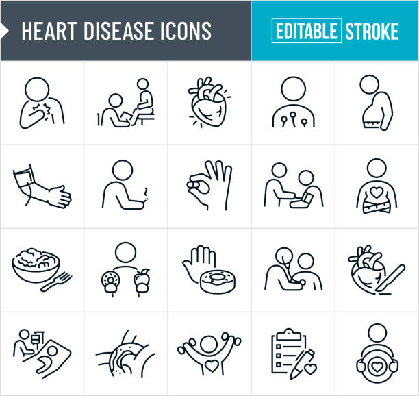 Heart Disease Thin Line Icons - Editable Stroke A set of heart disease icons that include editable strokes or outlines using the EPS vector file. The icons include a person having a heart attack, patient being examined by doctor in doctors office, human heart, patient getting an electrocardiogram or EKG, obese person with tape measure around waist, blood pressure cuff on human arm, person smoking cigarette, blood pressure medication, nurse checking the blood pressure of a patient using a blood pressure cuff, bowl with salad, person with a doughnut in one hand and an apple in the other to weigh health options, hand gesturing "stop" to a doughnut, doctor checking the heart of a patient using a stethoscope, heart surgery, patient with heart disease in hospital bed, human arteries clogged from cholesterol, person with heart disease exercising, medical check list and a person with a healthy target goal. colesterol stock illustrations
