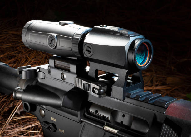 istock Magnifier behind a red dot sight on a modern sporting rifle 1431097832