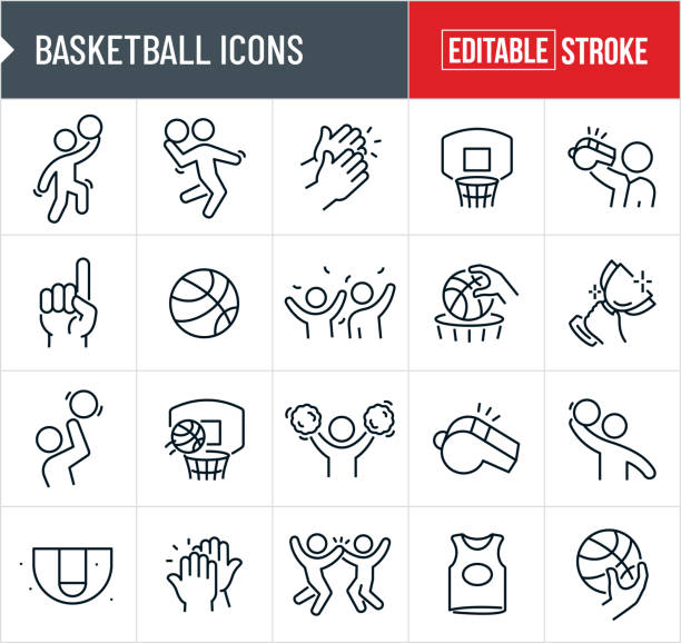 illustrazioni stock, clip art, cartoni animati e icone di tendenza di icone a linee sottili da basket - tratto modificabile - jump shot