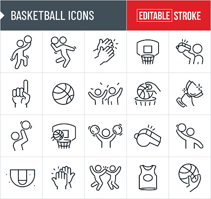 A set of basketball icons that include editable strokes or outlines using the EPS vector file. The icons include a basketball player doing a layup, basketball player going up for a slam dunk, fans clapping, basketball hoop, referee blowing whistle, hand holding up number 1 finger, basketball, fans cheering with confetti coming down, slam dunk, hand holding trophy, basketball player shooting basketball, basketball being shot into hoop, cheerleader cheering with pom pom in hand, whistle, basketball player doing a hook shot, basketball court, high-five, fans giving each other a high-five, basketball jersey and a hand holding a basketball.