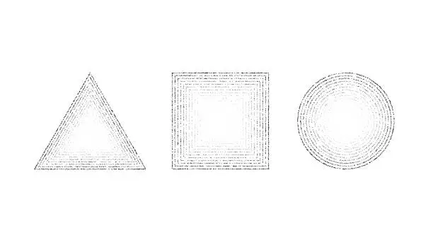 Vector illustration of Dotted grainy shapes set. Stippled square, circle and triangle. Grain noise geometric forms. Vector stochastic dot work collection.