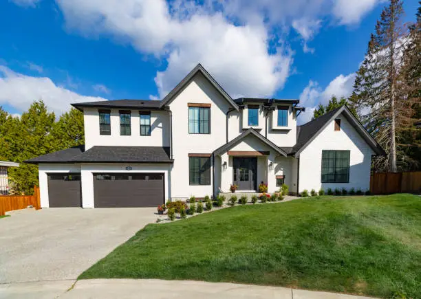 Photo of Wide Angle Shot of a Big white beautiful house in the suburbs