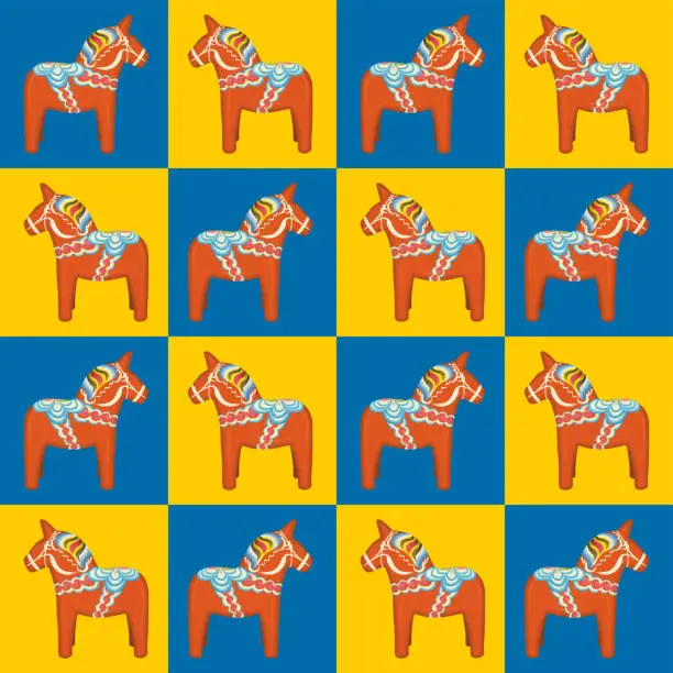 Vector illustration of Swedish cultural symbol, the Dalahäst (Dala horse in English). Seamless pattern on yellow and blue, Swedish colors of flag. Vector illustration.