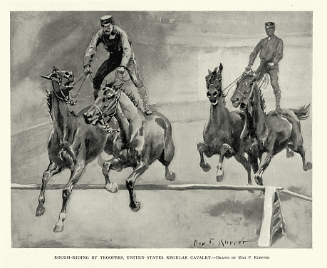 Vintage illustration, United States army cavalry drill, rough riding by troopers, late 19th Century