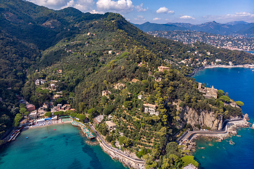 Drone view of Portofino in Liguria, transparent water