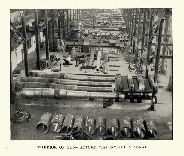 포병 배럴, 19세기 후반 뉴욕 워터빌리엣 아스날의 총기 공장 - arsenal stock illustrations
