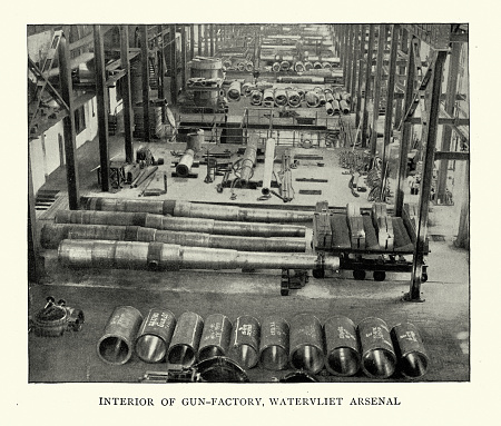 Vintage illustration after a photograph of Artillery barrels, Gun factory at Waterviliet Arsenal, New York, late 19th Century