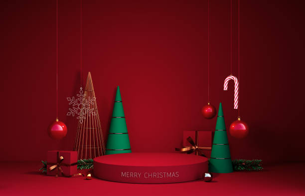 Christmas decoration with big red empty podium or pedestal on red background