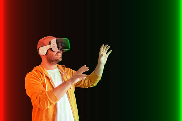 Enter the virtual world with vr glasses. interesting tech graphics. stock photo