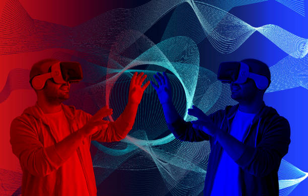 Blue pill or red pill in the metaverse universe? vr glass end future. stock photo