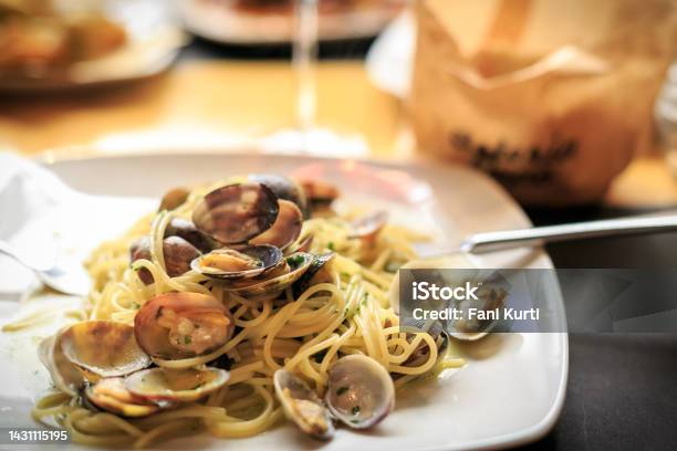 Italian Food Clamps Seafood Spaghetti Pasta Stock Photo - Download Image Now - Backgrounds, Basil, Cheese