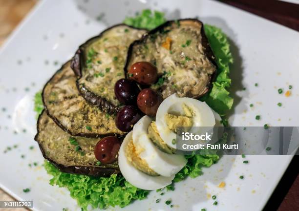 Eggplant And Egg Italian Food Stock Photo - Download Image Now - Backgrounds, Basil, Bread