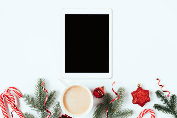istock Flat lay Christmas online shopping, tablet 1431117035