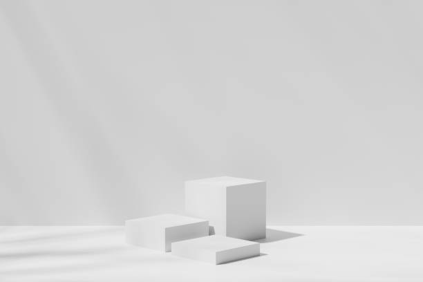 istock Group of cubes podiums in empty white room 1431117105