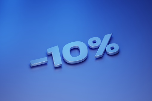 Minus ten percent discount on a blue background, 3d render