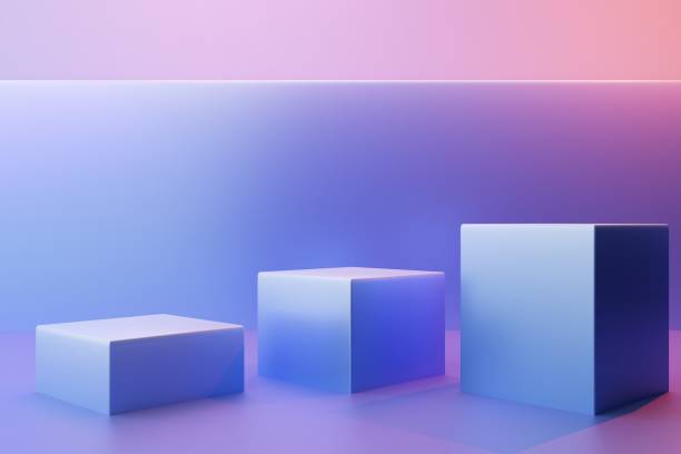 istock Three cubic pedestals on a pink and blue background, 3d render 1431117222