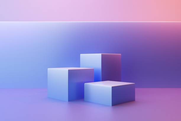 istock Three cubic podiums on a pink and blue background, 3d render 1431117223